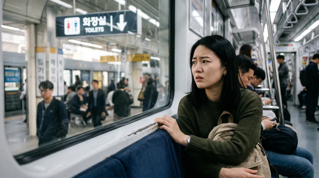 지하철 좌석에 앉아 불안한 표정으로 승강장의 화장실 표지판을 바라보는 사람