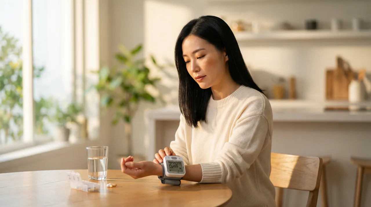 아침 햇살이 드는 부엌 식탁에서 손목 혈압계 측정값을 바라보는 사람, 옆에 물잔과 약 정리함이 놓여 있다