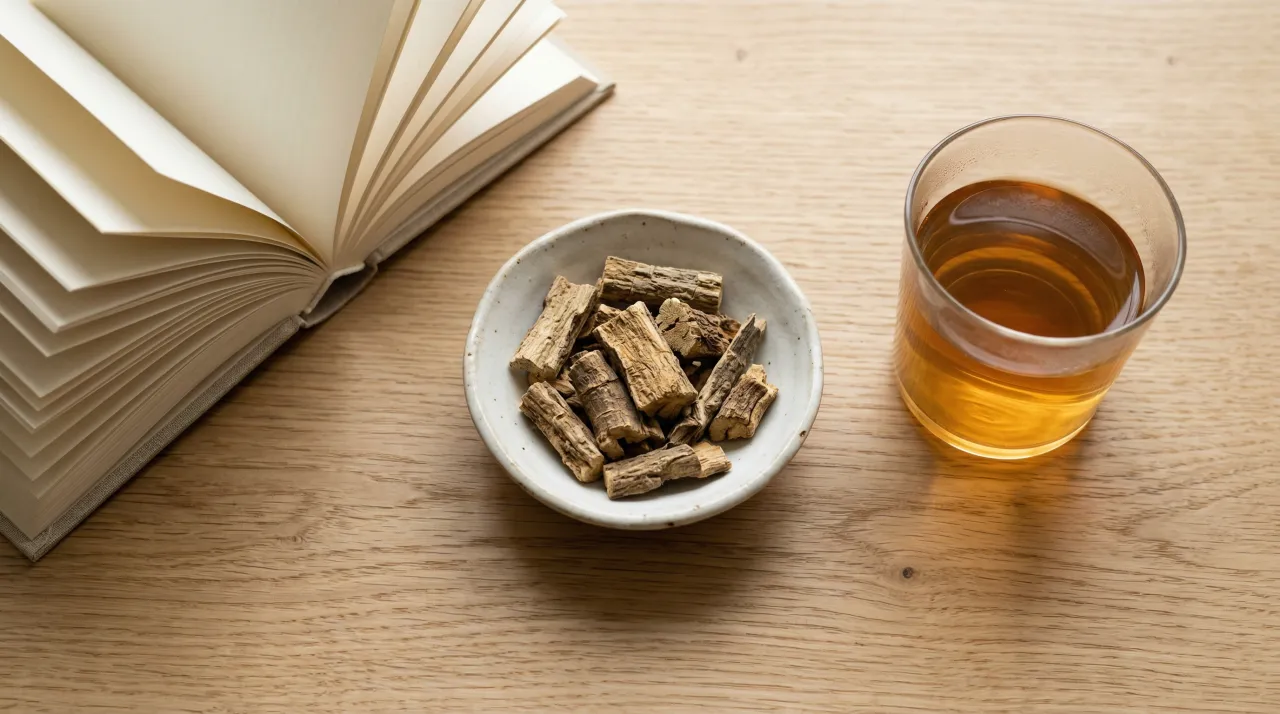 부엌 조리대 위에 놓인 오가피 마른 뿌리 조각과 엎어 놓은 책, 차 한 잔