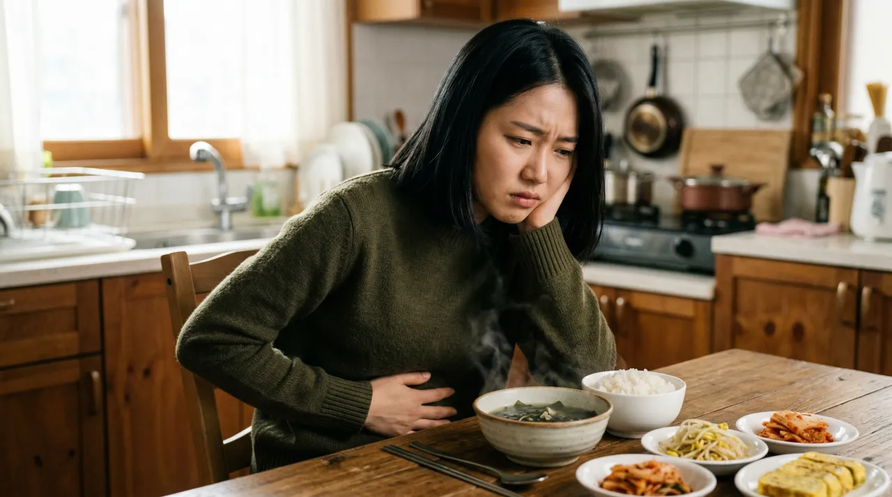 식탁 앞에 앉아 한 손으로 배를 누르며 불편한 표정을 짓고 있는 사람과 손대지 않은 식사
