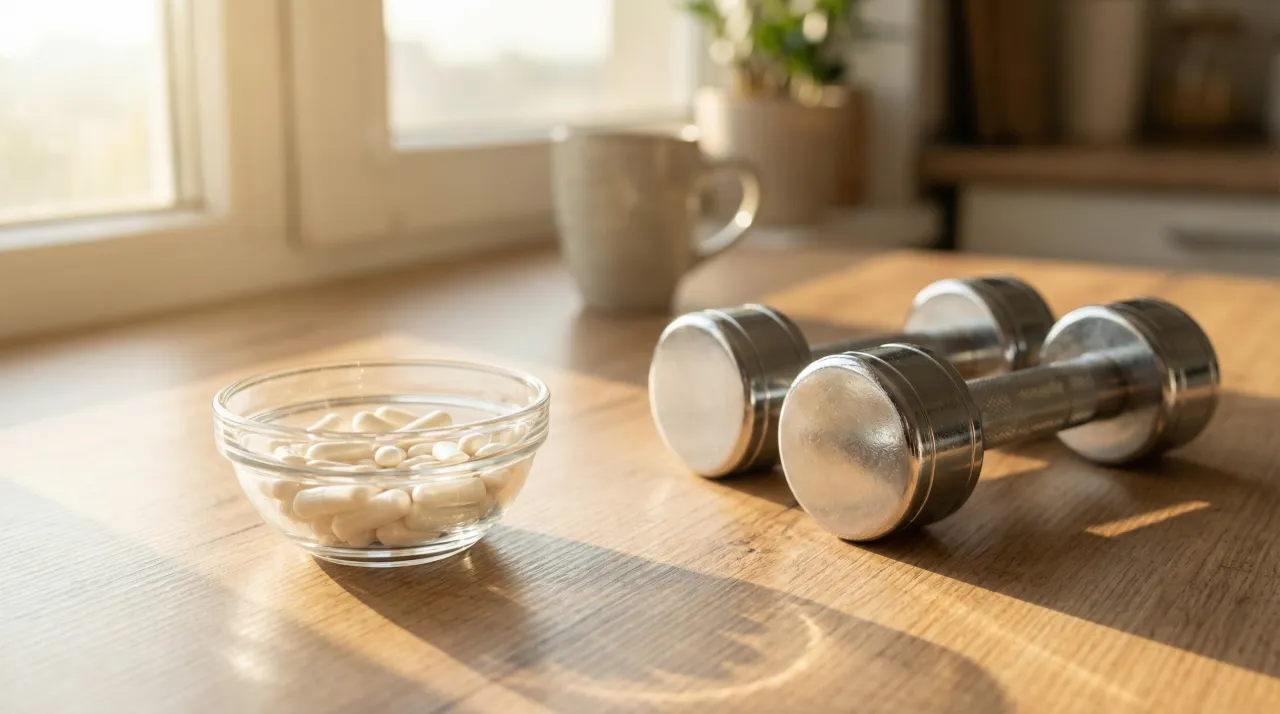밝은 주방 식탁 위에 흰색 유산균 캡슐이 담긴 유리 그릇과 소형 아령이 나란히 놓여 있는 모습