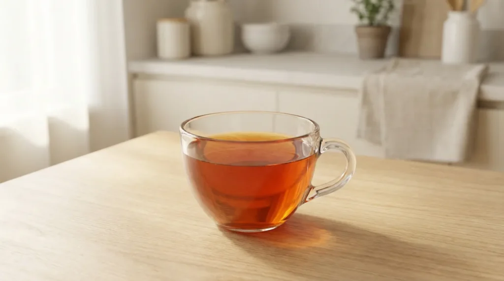 밝은 원목 테이블 위 투명한 유리컵에 담긴 붉은 호박색 루이보스차