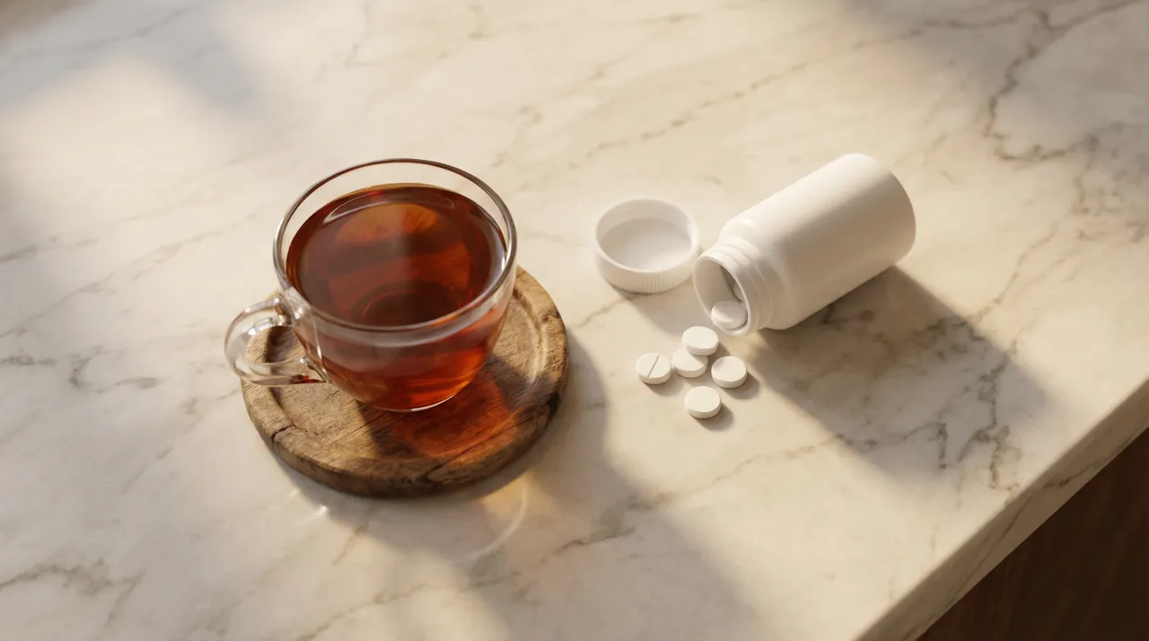 부엌 조리대 위에 나란히 놓인 루이보스차 한 잔과 처방약 병